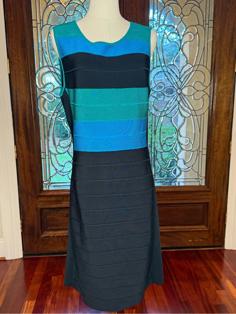 Calvin Klein Colorblock Bandage Knit Sheath Dress L Teal Blue Black
